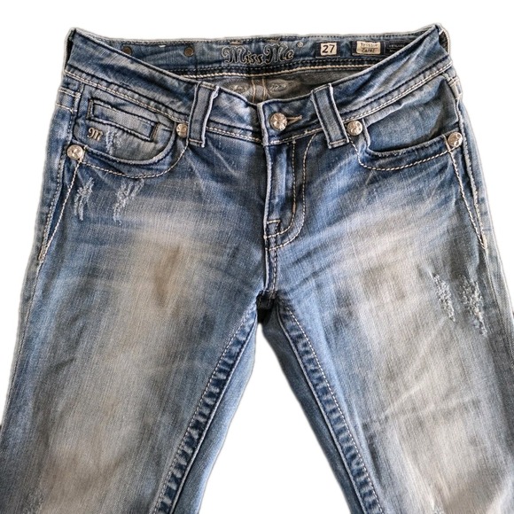 Miss Me Capri Jeans Women's 27 Blue Stretch Denim Distressed Leather Inserts - Picture 4 of 12